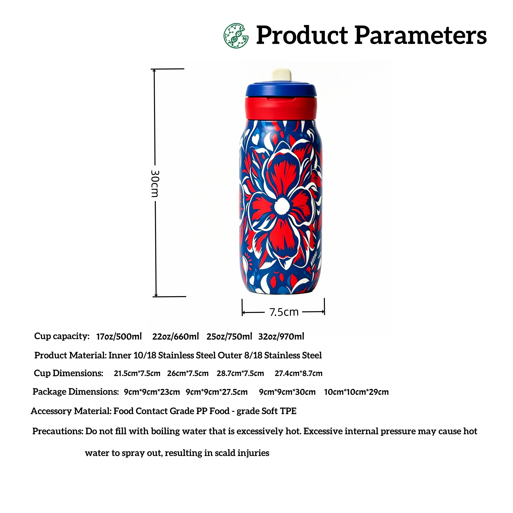 Insulated Stainless Steel Floral Water Bottle with Flip Straw Lid | Leakproof Reusable Sports Travel Tumbler