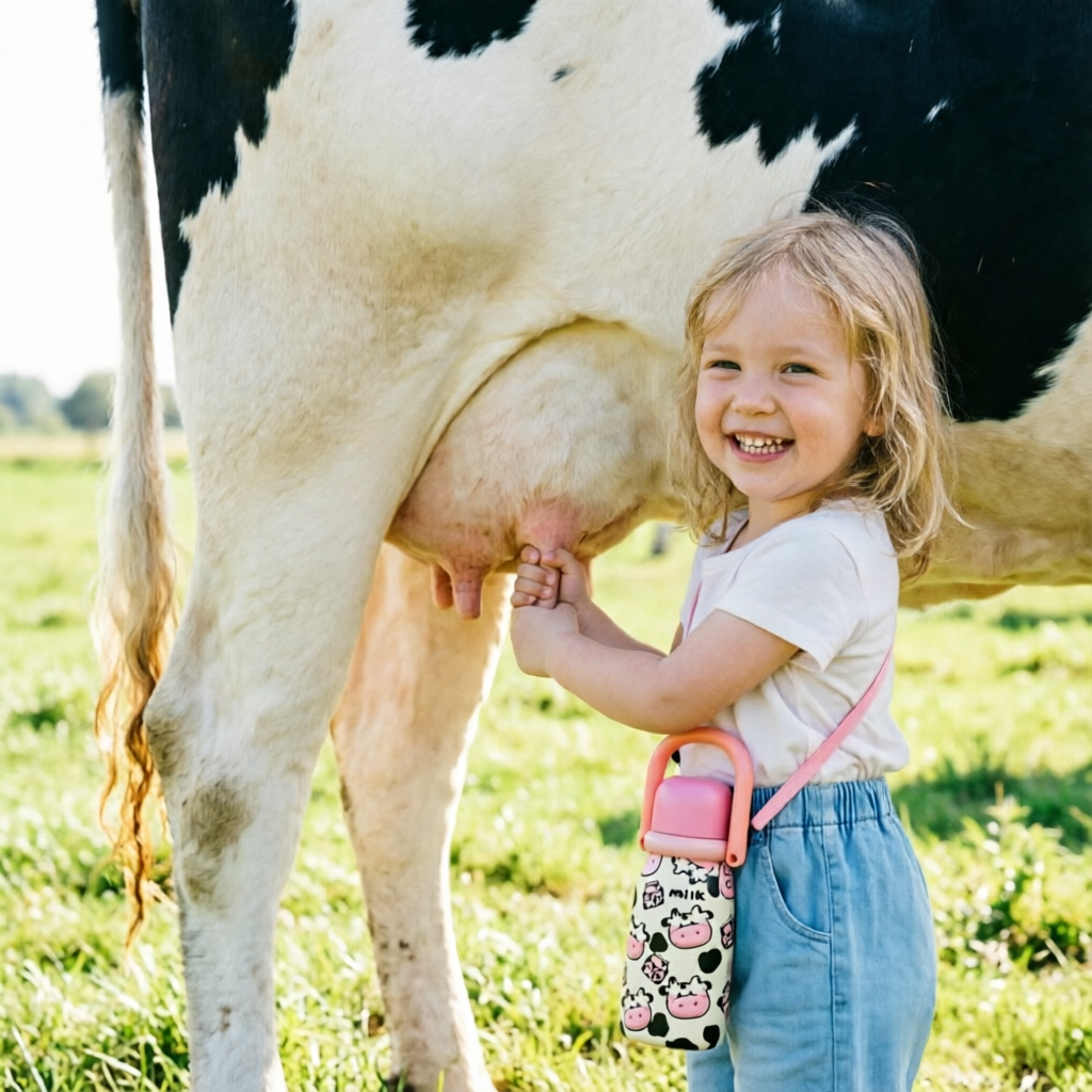 23oz Kids Stainless Steel Insulated Water Bottle with Handle – 660ml Leakproof Vacuum Water Bottle, BPA-Free Straw Bottle, Cute Cow Thermal Flask for School, Travel & Outdoor