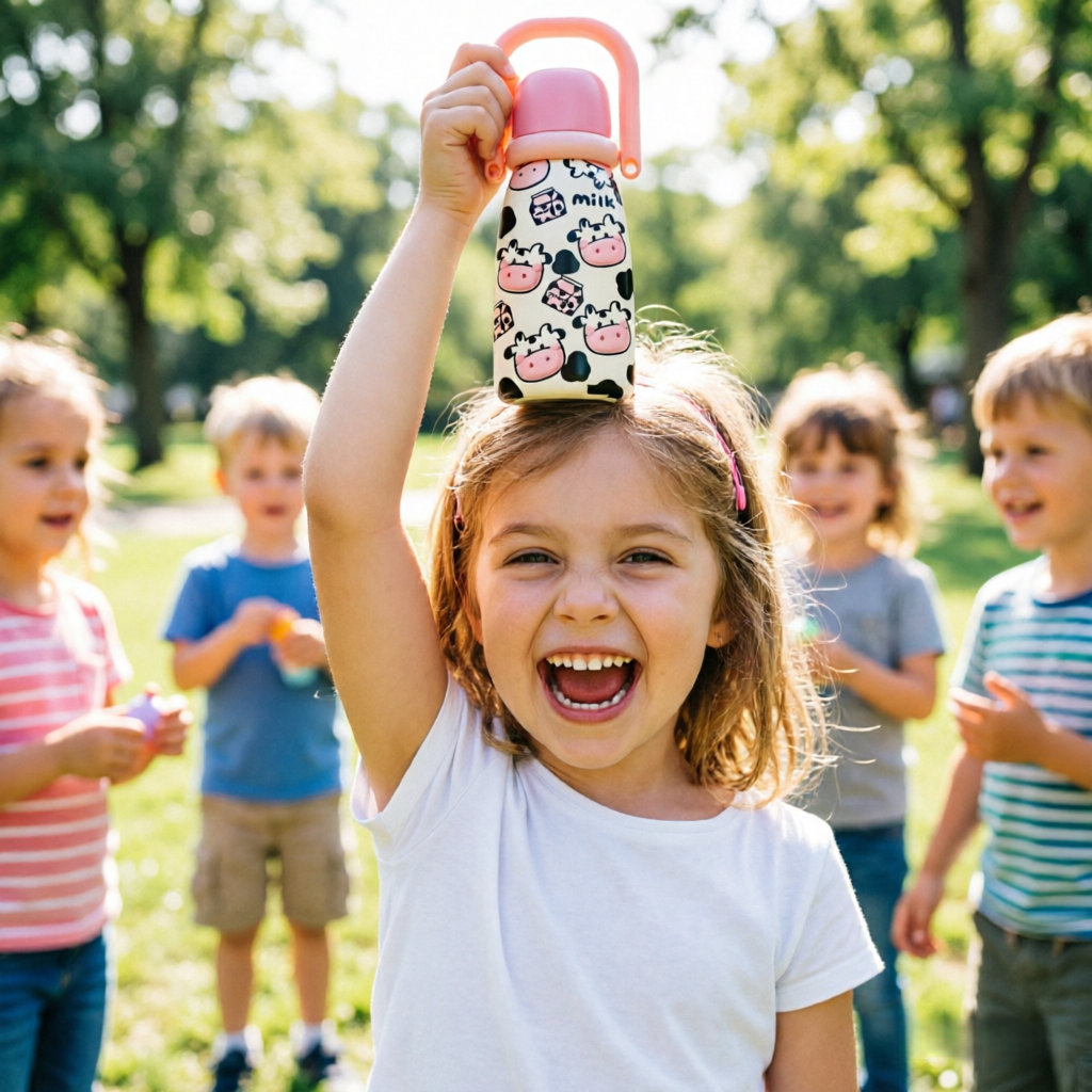 23oz Kids Stainless Steel Insulated Water Bottle with Handle – 660ml Leakproof Vacuum Water Bottle, BPA-Free Straw Bottle, Cute Cow Thermal Flask for School, Travel & Outdoor