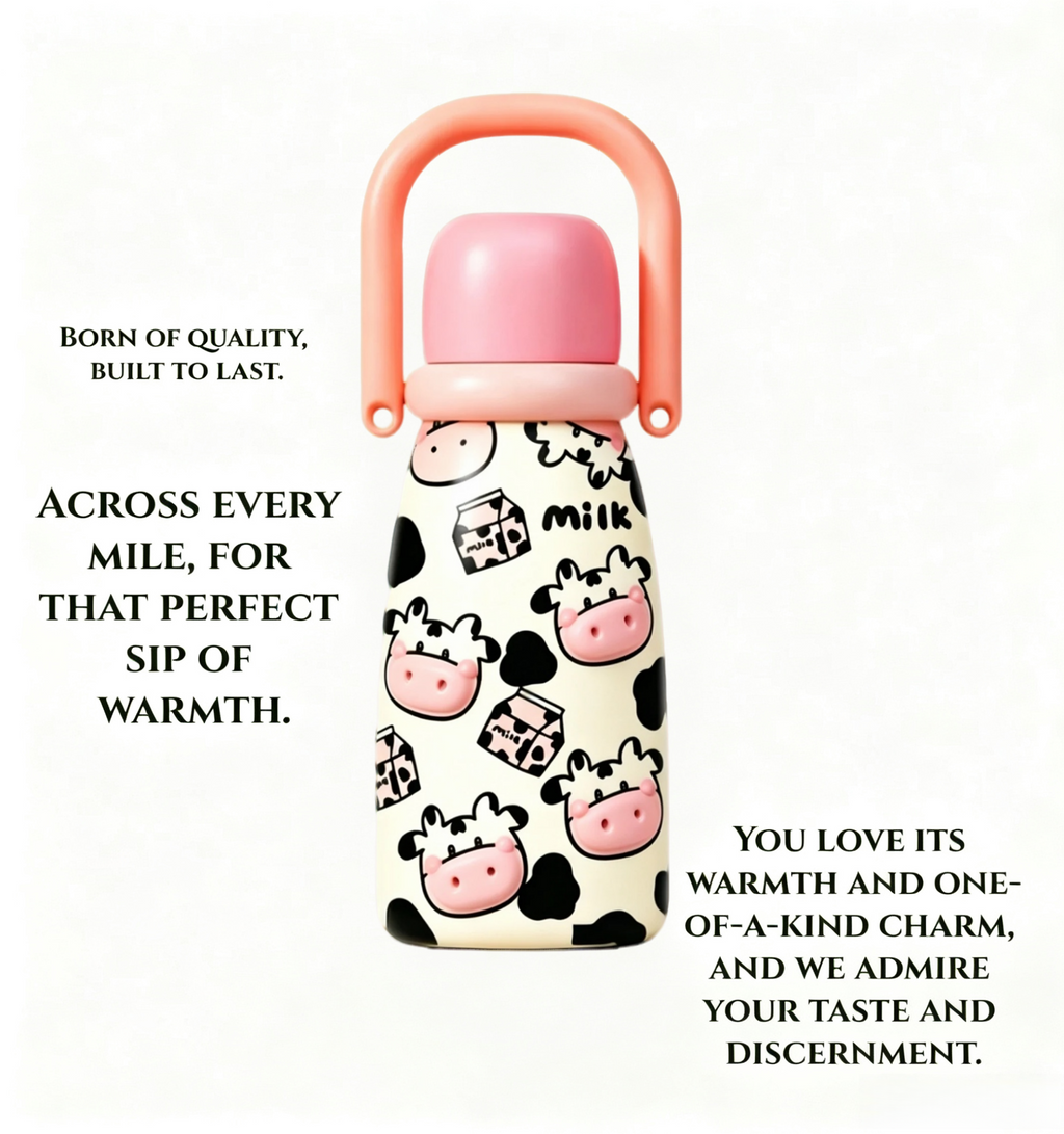 23oz Kids Stainless Steel Insulated Water Bottle with Handle – 660ml Leakproof Vacuum Water Bottle, BPA-Free Straw Bottle, Cute Cow Thermal Flask for School, Travel & Outdoor