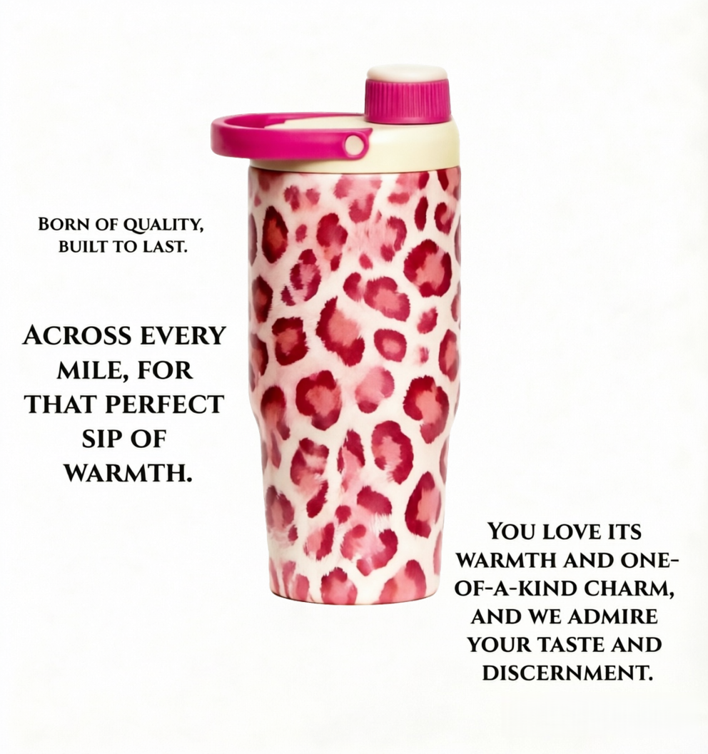 Leopard Print Stainless Steel Insulated Water Bottle with Carry Handle – Leakproof Vacuum Thermal Travel Mug, BPA-Free Reusable Sports Water Bottle for Gym, Office & Travel