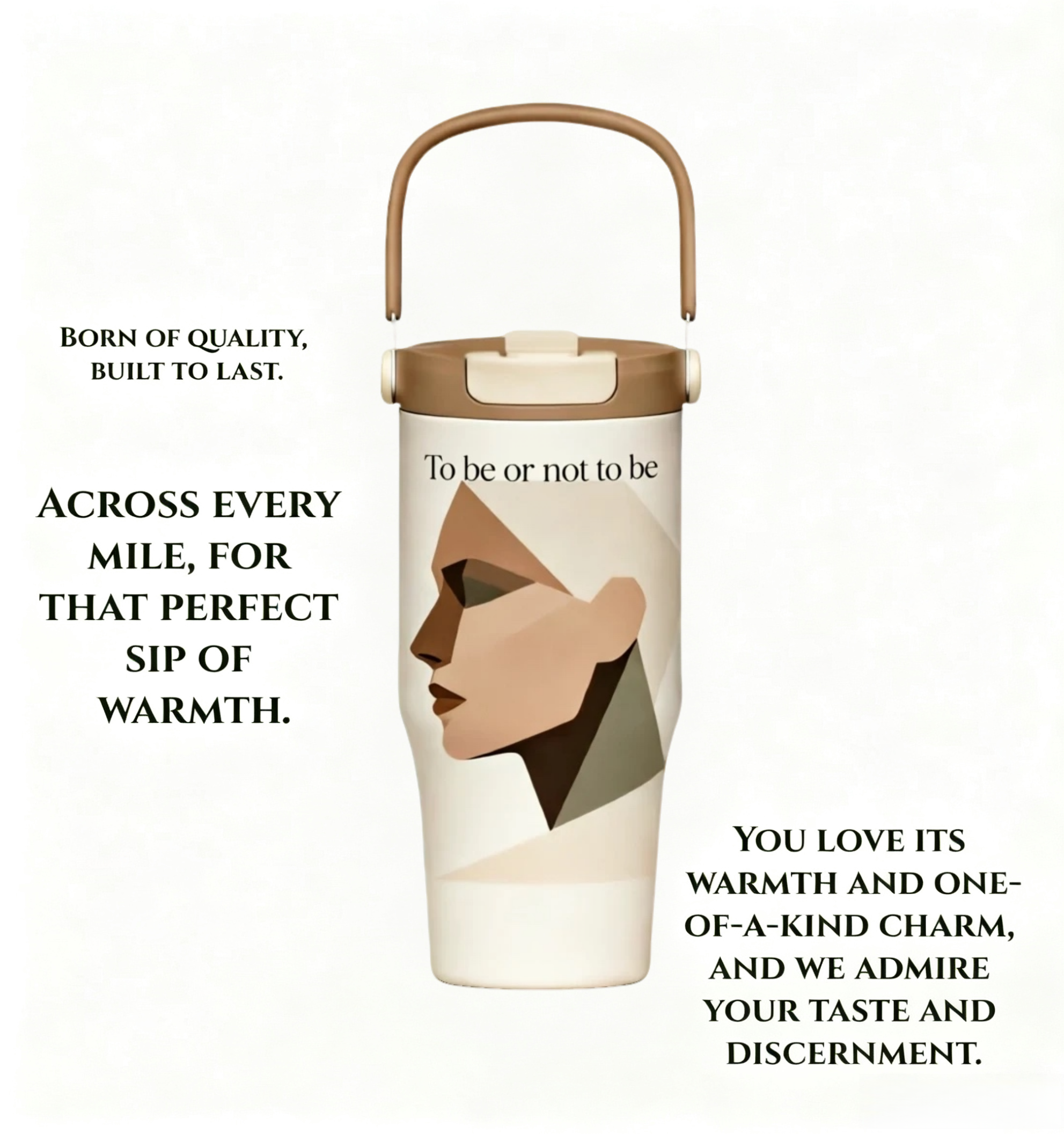 Stainless Steel Insulated Water Bottle with Handle – Vacuum Thermal Travel Mug, Leakproof BPA-Free Reusable Coffee Tumbler with Minimalist Abstract Face Design for Office, Gym & & Travel