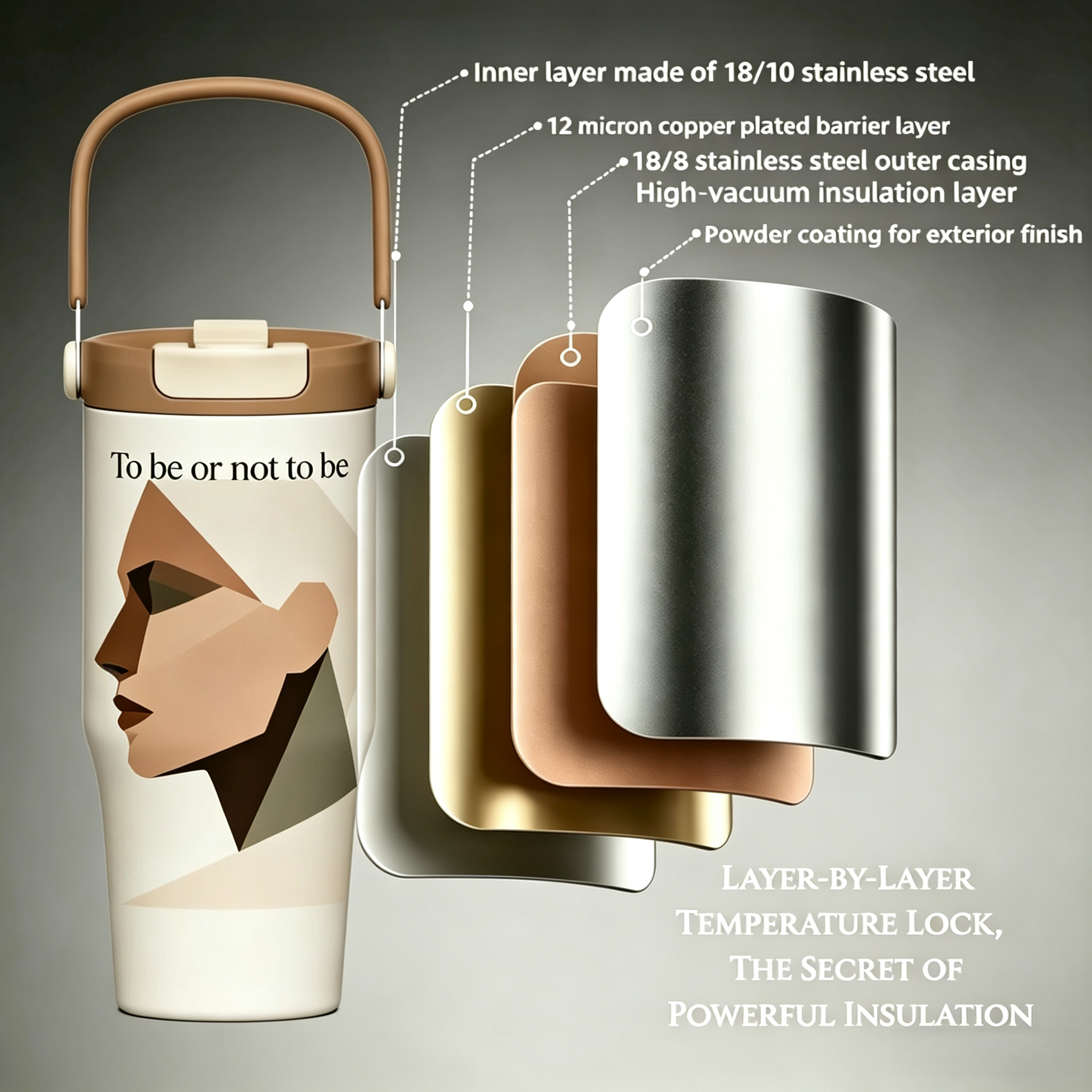 Stainless Steel Insulated Water Bottle with Handle – Vacuum Thermal Travel Mug, Leakproof BPA-Free Reusable Coffee Tumbler with Minimalist Abstract Face Design for Office, Gym & & Travel