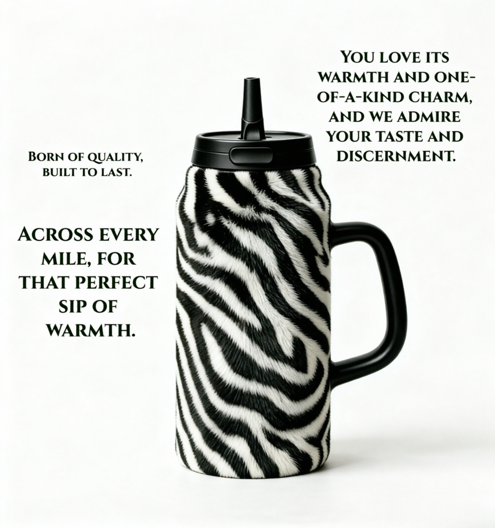 40oz Zebra Print Insulated Tumbler with Handle & Straw | Stainless Steel Travel Mug