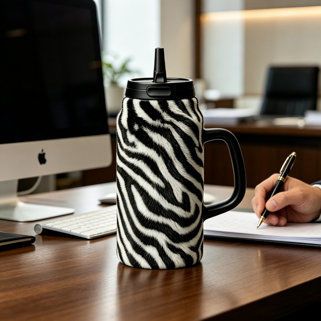 40oz Zebra Print Insulated Tumbler with Handle & Straw | Stainless Steel Travel Mug