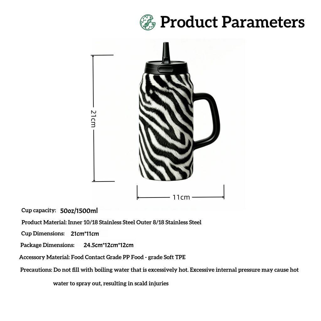 40oz Zebra Print Insulated Tumbler with Handle & Straw | Stainless Steel Travel Mug