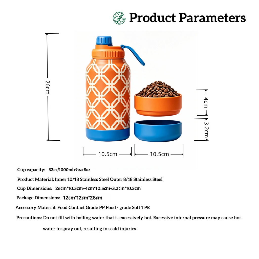 3-in-1 Stainless Steel Insulated Water Bottle with Dog Food Bowl – Large Capacity Human & Pet Travel Flask for Hot & Cold Drinks
