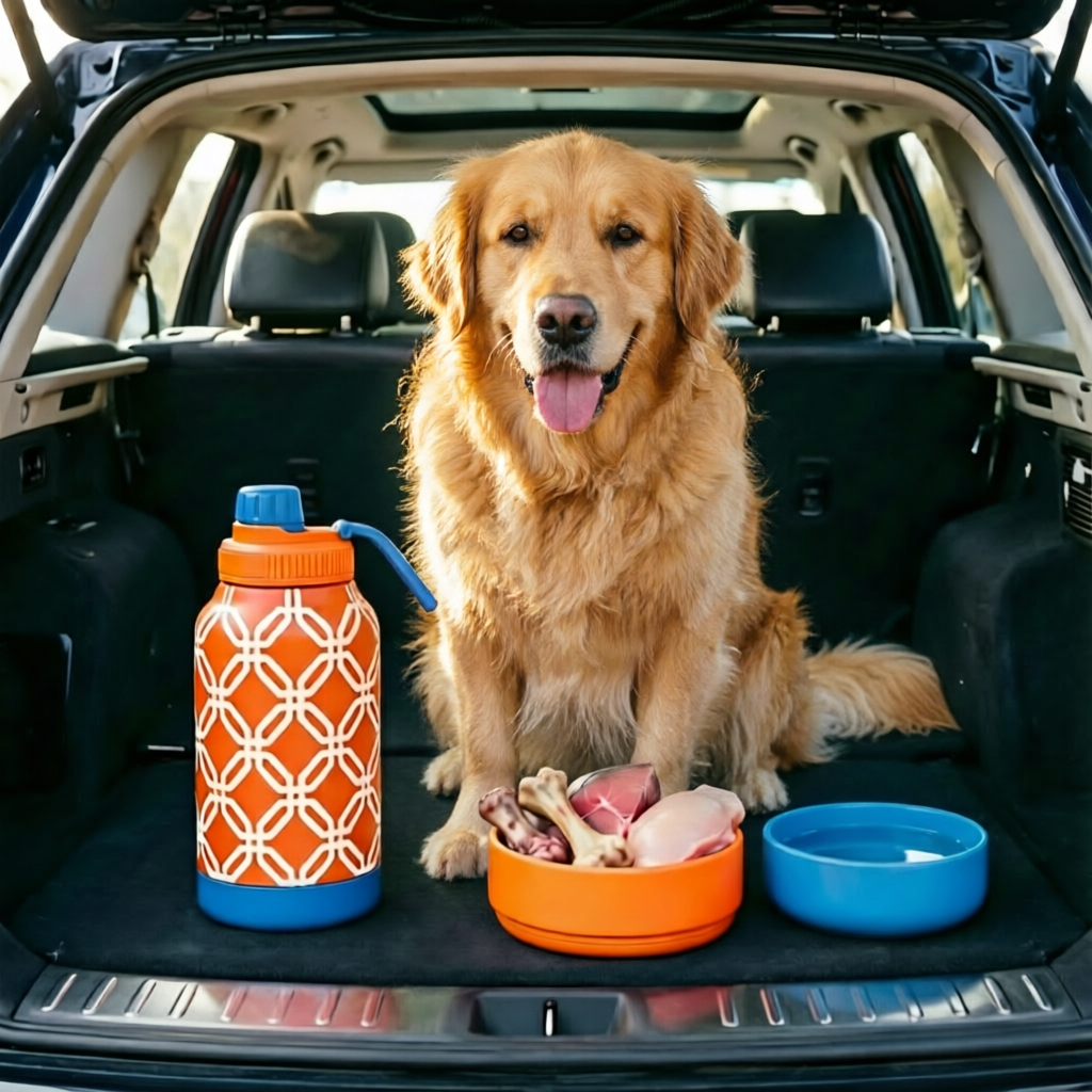 3-in-1 Stainless Steel Insulated Water Bottle with Dog Food Bowl – Large Capacity Human & Pet Travel Flask for Hot & Cold Drinks