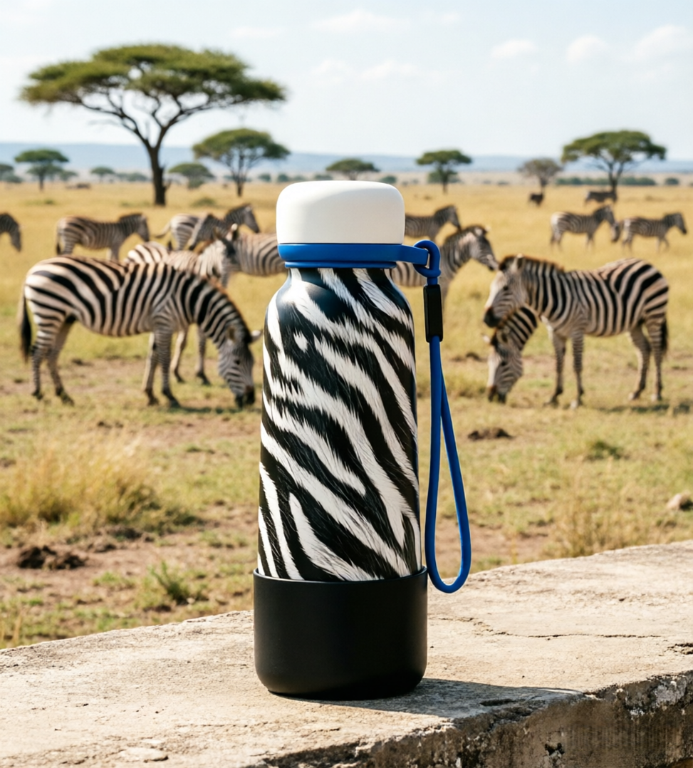 Zebra Print Insulated Stainless Steel Water Bottle with Silicone Sleeve & Carry Strap | Leakproof Reusable Travel Sports Bottle