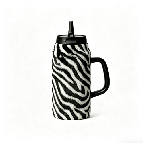 40oz Zebra Print Insulated Tumbler with Handle & Straw | Stainless Steel Travel Mug