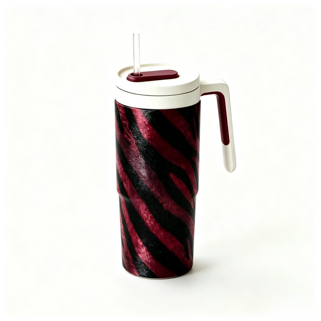 40oz Zebra Print Insulated Tumbler with Handle & Straw