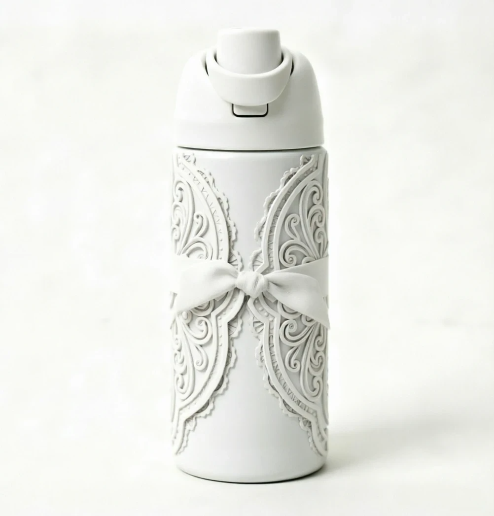 Fashion Bow Insulated Stainless Steel Water Bottle with Carry Handle | Leakproof Reusable Travel Coffee Tumbler for Women