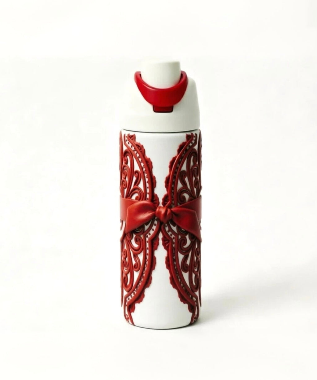 Fashion Bow Insulated Stainless Steel Water Bottle with Carry Handle | Leakproof Reusable Travel Coffee Tumbler for Women