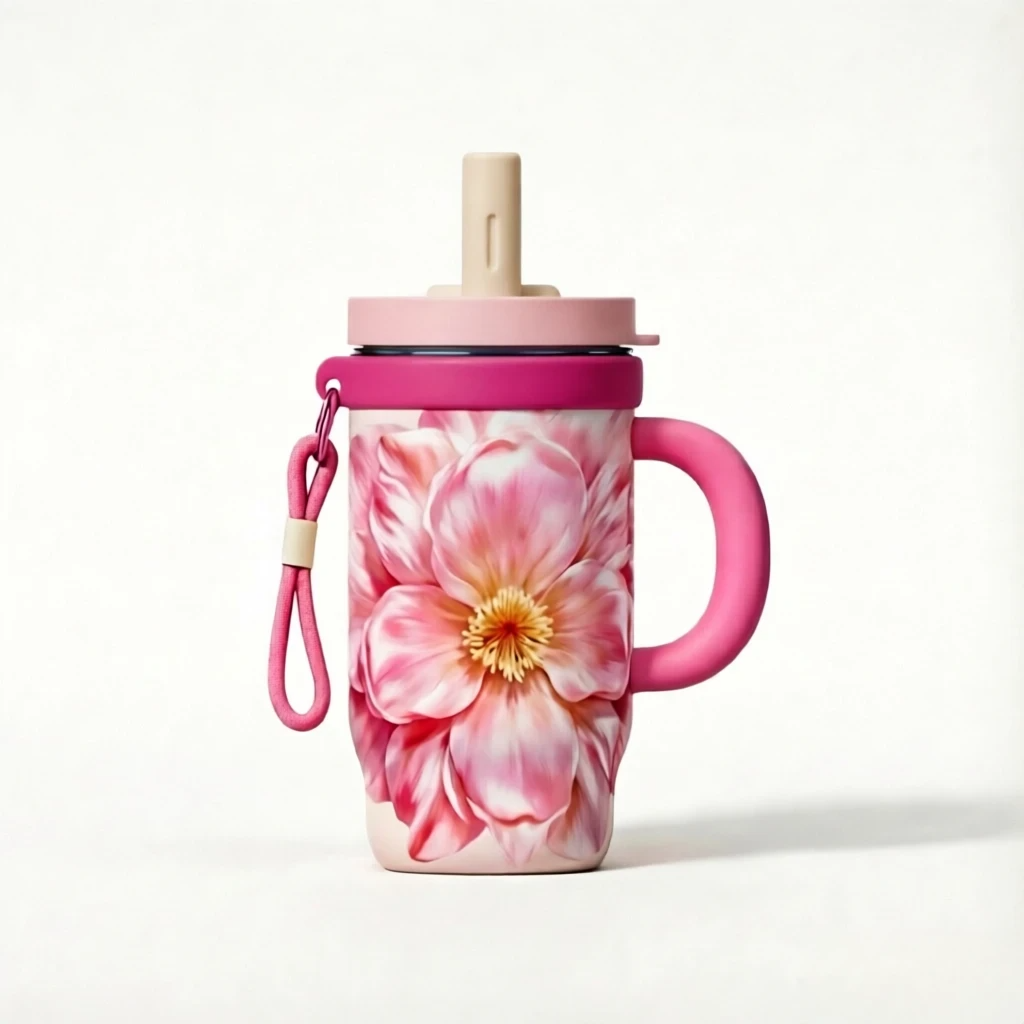 22oz Insulated Floral Tumbler with Handle & Straw – Leakproof Stainless Steel Travel Mug, Vacuum Insulated Water Cup for Coffee, Tea & Cold Drinks