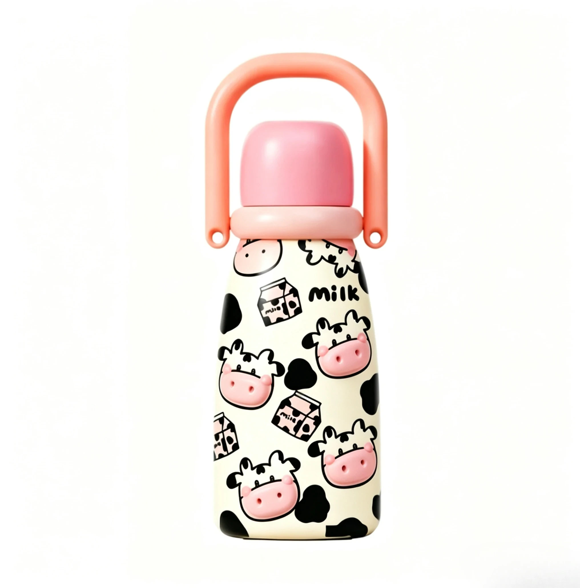 23oz Kids Stainless Steel Insulated Water Bottle with Handle – 660ml Leakproof Vacuum Water Bottle, BPA-Free Straw Bottle, Cute Cow Thermal Flask for School, Travel & Outdoor