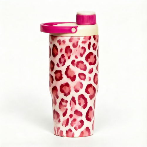 119#Leopard Print Stainless Steel Insulated Water Bottle with Carry Handle – Leakproof Vacuum Thermal Travel Mug, BPA-Free Reusable Sports Water Bottle for Gym, Office & Travel