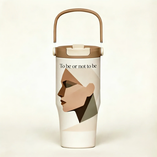 Stainless Steel Insulated Water Bottle with Handle – Vacuum Thermal Travel Mug, Leakproof BPA-Free Reusable Coffee Tumbler with Minimalist Abstract Face Design for Office, Gym & & Travel