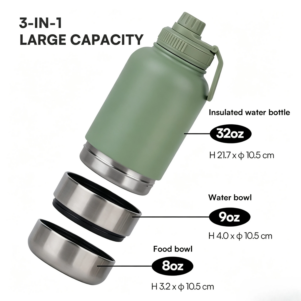 3-in-1 Stainless Steel Insulated Water Bottle with Dog Food Bowl – Large Capacity Human & Pet Travel Flask for Hot & Cold Drinks