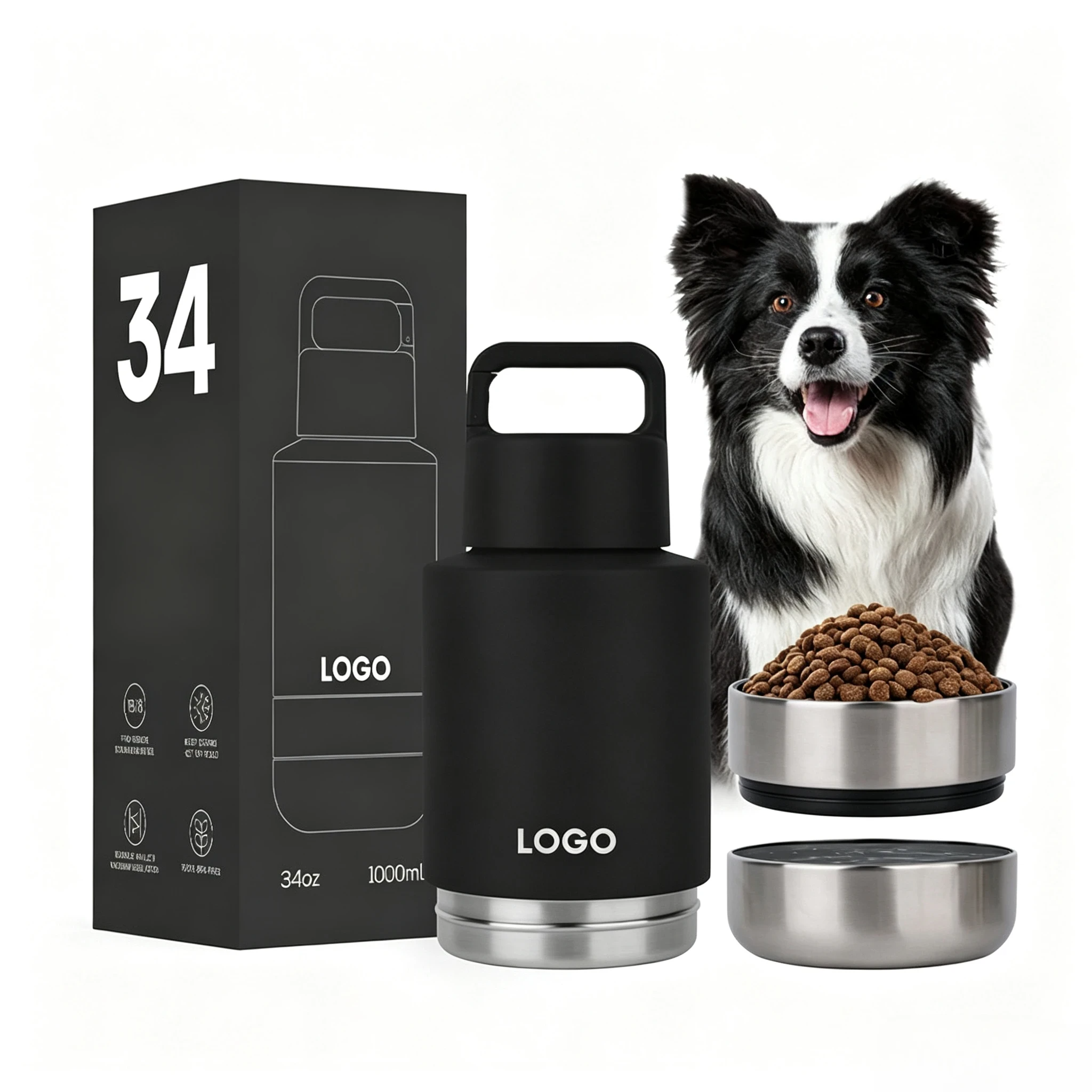 3-in-1 Stainless Steel Insulated Water Bottle with Dog Food Bowl – Large Capacity Human & Pet Travel Flask for Hot & Cold Drinks