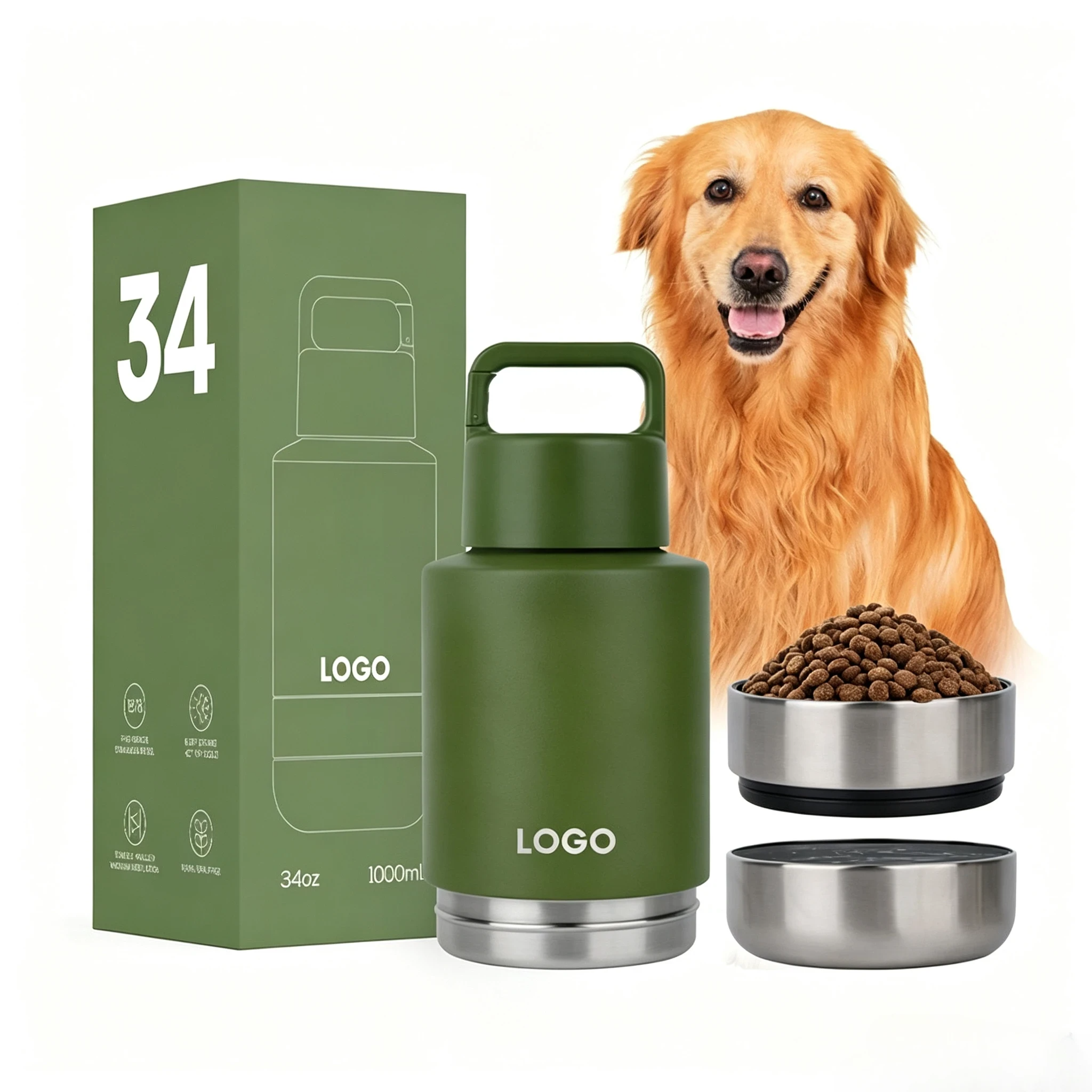3-in-1 Stainless Steel Insulated Water Bottle with Dog Food Bowl – Large Capacity Human & Pet Travel Flask for Hot & Cold Drinks