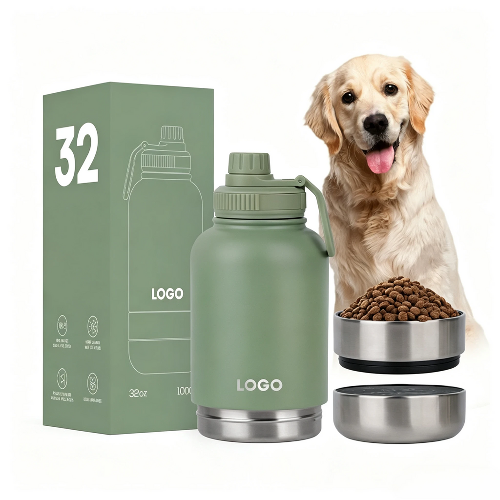 3-in-1 Stainless Steel Insulated Water Bottle with Dog Food Bowl – Large Capacity Human & Pet Travel Flask for Hot & Cold Drinks
