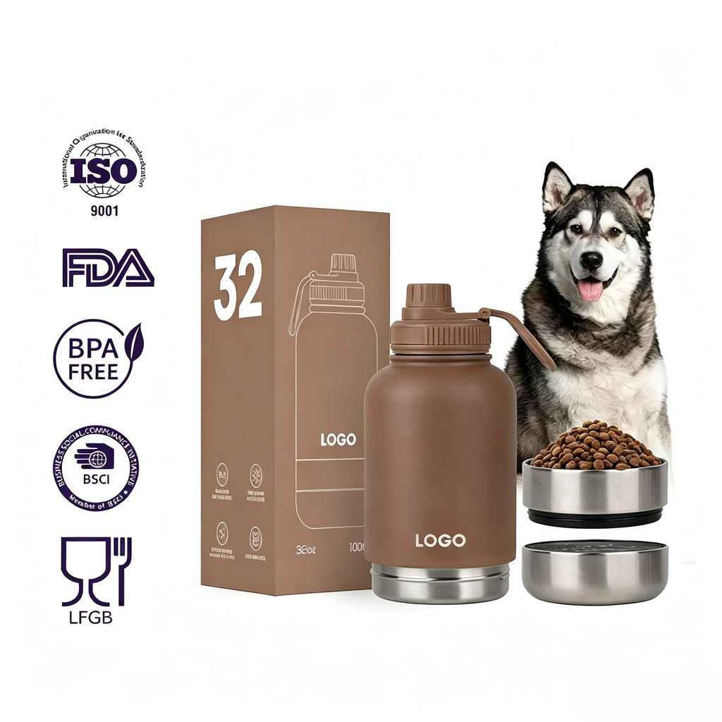 3-in-1 Stainless Steel Insulated Water Bottle with Dog Food Bowl – Large Capacity Human & Pet Travel Flask for Hot & Cold Drinks