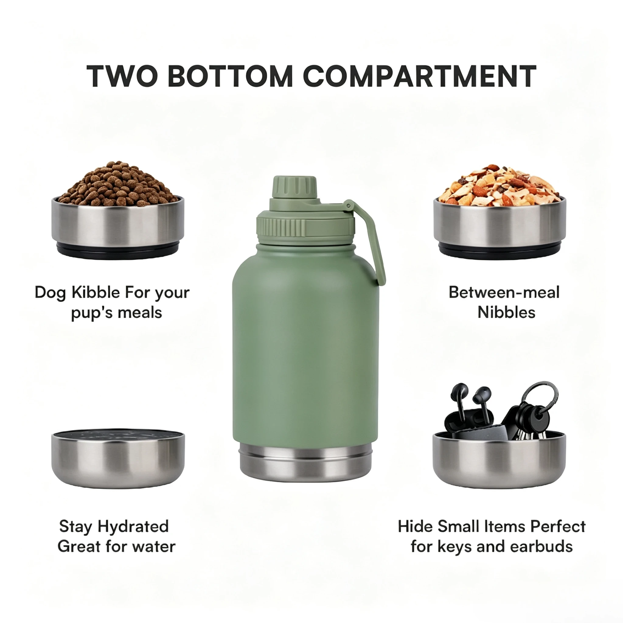 3-in-1 Stainless Steel Insulated Water Bottle with Dog Food Bowl – Large Capacity Human & Pet Travel Flask for Hot & Cold Drinks